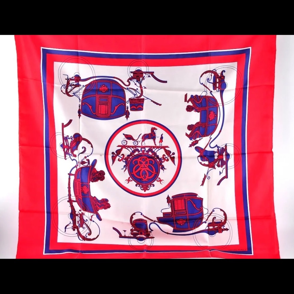 Hermes Carres 90 Carriage Multicolor Scarf Bandana Silk 100% Used w/Tag